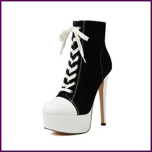 Women's Canvas Ankle Boots Stiletto Heel Platform Lace-up Round Toe